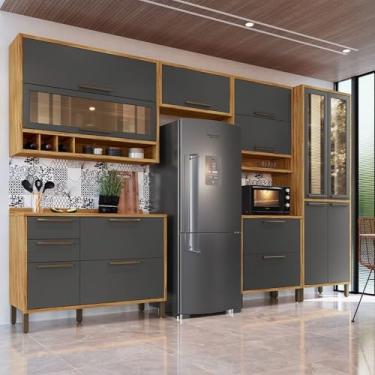 Imagem de Cozinha Modulada Completa 6 Peças 12 Portas 4 Gavetas e Vidro 354cm 100% MDF Vicenza Espresso Móveis Amêndoa/Chumbo