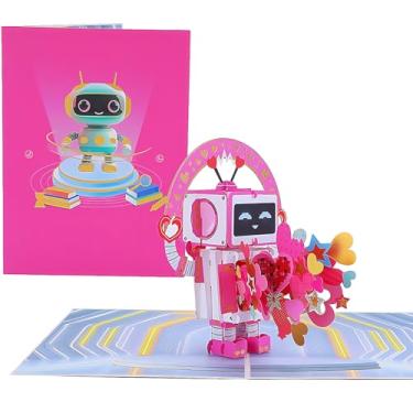 Imagem de Cartões de felicitações de robô rosa pop-up 3D para aniversário, Cyberpunk Festival, Ação de Graças, cartão de bênção surpresa com envelope de presente para amigos, namorados, pais, namorado