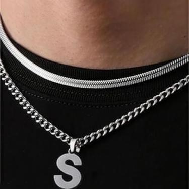 Imagem de Coleção de 26 colares com pingente de alfabeto em camadas, design de corrente dupla (cobra e elos cubanos), joias urbanas hip hop para uso diário e casual, One Size, Aço inoxidável, Sem Pedra Preciosa