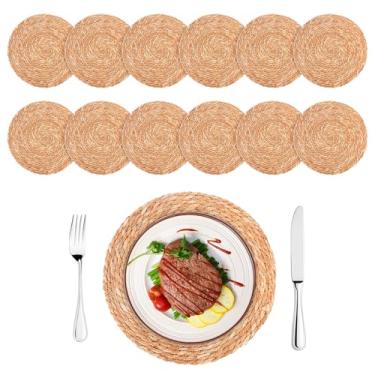 Imagem de Conjunto de 12 jogos americanos redondos de tecido de 35 cm, carregadores de vime boho para pratos de jantar, tapetes de vime rústico, jogo americano de mesa trançado de palha, para mesa de jantar