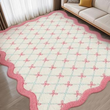 Imagem de Drydiet Tapete Boho 1,2 m x 1,8 m, fofos, doces, recortados, estético, colorido, macio, para quarto, sala de estar, sala de jantar, sala de jogos, berçário, família, dormitório interno (laço rosa)