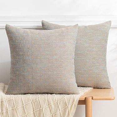 Imagem de Conjunto de 2 fronhas decorativas de linho de serapilheira para decoração de poltrona, sofá, sala de estar, cadeira, fronha, casa de fazenda, rústica, tecida, texturizada, lombar/quadrada, capas de