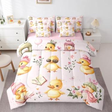 Imagem de Castle Fairy Jogo de cama solteiro com edredom de pato fofo, estilo casa de fazenda, tamanho solteiro, 7 peças, flores adoráveis, decoração de quarto de meninos, rosa e amarelo em uma bolsa com