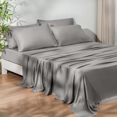 Imagem de PHF 6 peças 100% raiom derivado de bambu_ conjunto de lençóis king size, lençóis refrescantes para pessoas que dormem quentes, faixa elástica mais larga e bolso profundo de 40,64 cm, conjunto de cama