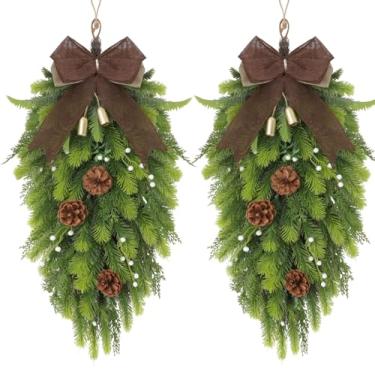 Imagem de Yunlly 2 peças guirlanda artificial de Natal em forma de gota de 66 cm neutra com sinos, pinhas e bagas de inverno, guirlanda de arco para porta de Natal, ambientes internos e externos, lareira e