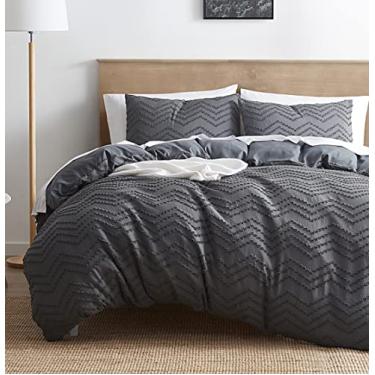 Imagem de Nestl Conjunto de capa de edredom Boho Bedding Twin Tufted com enchimento de edredom alternativo acolchoado – cinza chevron – Conjunto de 3 peças texturizado inclui capa de edredom com enchimento e