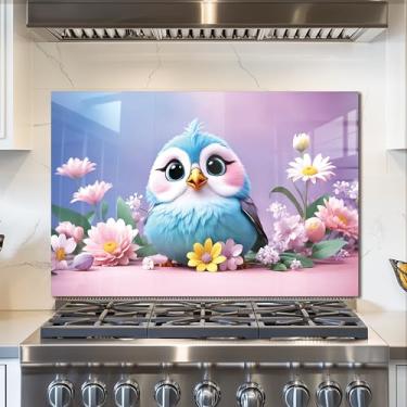 Imagem de fzxwyishu Backsplash de vidro temperado para cozinha, protetor de salpicos de fogão, design de pássaro fofo | Tábua de respingos resistente ao calor, decoração de parede de cozinha