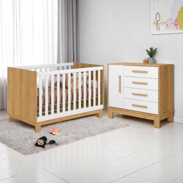 Imagem de Conjunto Infantil Encanto Slim Freijo Toq Branco Acetinado Berço Encanto Slim Mini Cama + Cômoda Encanto Slim
