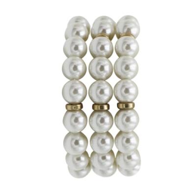 Imagem de Rosemarie & Jubalee Pulseiras femininas elásticas de pérolas de vidro, creme com detalhes dourados, 10 mm, conjunto de 3, tamanho pequeno de 15 cm