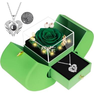 Imagem de moshen Caixa de presente rosa preservada com luzes LED, arranjo floral vermelho, vitrine de joias românticas para o dia dos namorados, aniversário, aniversário (verde)