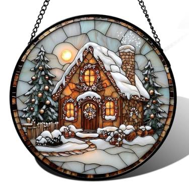 Imagem de AMDERVEN Vitral para pendurar – árvore de Natal, casa de campo, apanhador de sol para porta, jardim, casa, decoração de inverno, noite de neve, apanhador de sol, dia das mães, presentes de aniversário