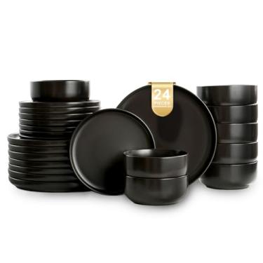 Imagem de EWFEN Conjuntos de pratos e tigelas, conjuntos de louça para 8, 24 peças, conjunto de louças resistentes a arranhões, conjunto de jantar de cozinha de cerâmica, porcelana e micro-ondas e lava-louças
