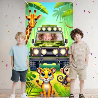 Imagem de HOMETITUTE Banner Safari Jeep com foto de 89 x 180 cm, cenário de fundo de aventura na selva com girafa e macaco leopardo para decoração de festa de aniversário infantil