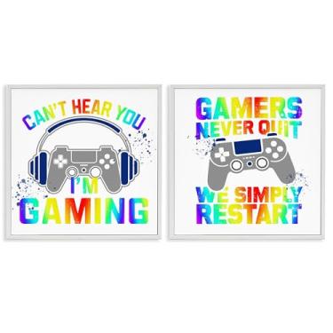 Imagem de Stupell Industries Conjunto de arte giclée emoldurado de duas peças com frases de jogo retrô arco-íris, design de Kim Allen, 12 x 12