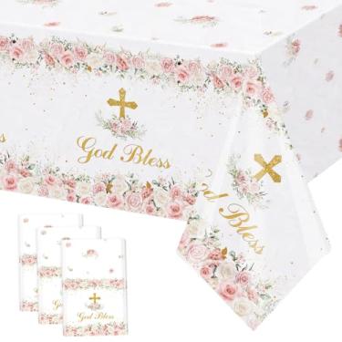 Imagem de MEHOFOND Pacote com 3 toalhas de mesa God Bless, toalhas de mesa descartáveis de batismo de flores rosa 277 x 137 cm, capa de mesa de plástico para batizado, decorações de festa sagrada da comunhão