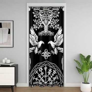 Imagem de jejeloiu Cortina de porta de árvore sagrada Viking para privacidade de porta boho capa de armário árvore da vida cortina divisória de quarto 150 x 203 cm corvo viking quarto sala de estar tratamentos
