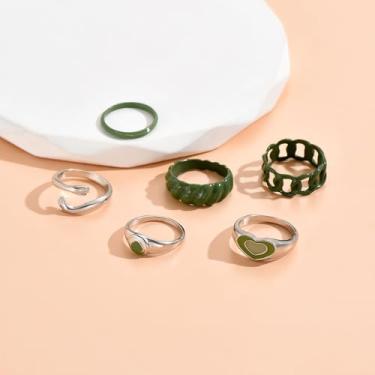 Imagem de Conjunto de anéis de resina verde para mulheres, 6 peças de anéis retrô grossos, anéis vintage ajustáveis de acrílico e liga, corrente de coração fofo Y2K empilhável, joias modernas, presente