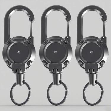 Imagem de Chaveiro retrátil resistente, suporte de crachá de mosquetão multiferramentas, suporte retrátil para identidade, cordão de aço inoxidável atualizado, adequado para homens e mulheres (preto)