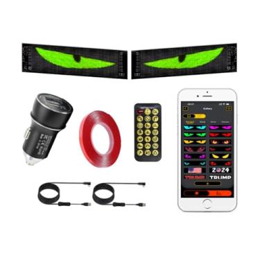 Imagem de 2 peças de telas automotivas de LED multicoloridas de 23,43 × 4,72 cm (exibe olhos diabólicos, expressões animadas, criações personalizadas; para carros, caminhões, lojas, festas; design flexível