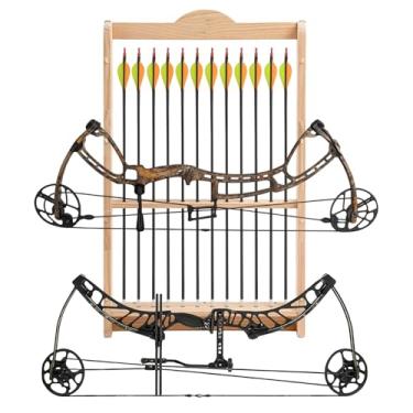 Imagem de Geelin Suporte de exibição de arco e flecha montado na parede de 95 cm A x 56 cm L x 7,5 cm P para acessórios de caça e tiro com arco, 2 suportes de arco e 12 setas, feito à mão, material durável