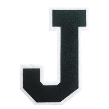 Imagem de 1 PÇ Patch de letra de chenille preto de 16,5 cm com borda branca – Remendos do alfabeto para roupas, jaquetas, mochilas, chapéus para decoração personalizada, nome personalizado e artesanato. (J)