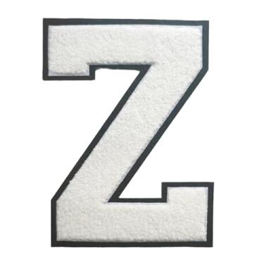 Imagem de 1 Patch de letra de chenille de ferro branco de 16,5 cm com borda preta – Remendos do alfabeto para roupas, jaquetas, mochilas, chapéus para decoração personalizada, nome personalizado e artesanato