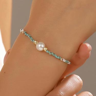 Imagem de Pulseira elástica de contas de camuflagem com uma única pérola sintética branca, joia feminina elástica estilo boêmio, pulseira minimalista e delicada para uso diário, roupa para todas as estações