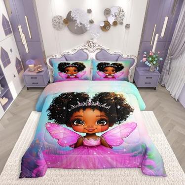 Imagem de Erosebridal Conjunto de edredom preto para meninas, tamanho solteiro, para crianças, meninos e meninas, afro-americana, princesa com asas, conjunto de edredom arco-íris para todas as estações