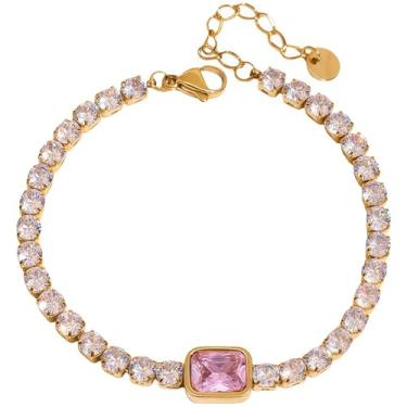 Imagem de Pulseira feminina banhada a ouro 18 quilates delicada, elegante pulseira de strass com elos de corrente dourada, quadrilátero rosa zircônia cúbica