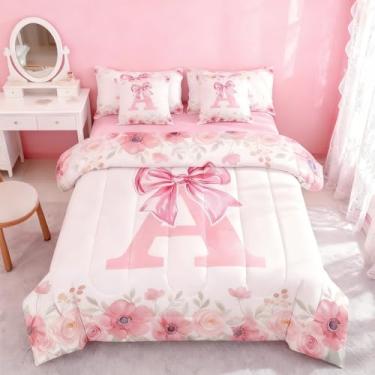 Imagem de Erosebridal Conjunto de cama casal com letra A com letra A para crianças, adolescentes, gravata borboleta rosa, conjunto de edredom estilo primavera fresco com lençol de microfibra macio respirável