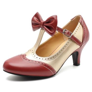 Imagem de Rjclyh Sapato feminino com tira em T Mary Jane Oxfords vintage laço médio salto gatinho lolita bico redondo sapato social para festa de casamento, Borgonha e ouro, 41