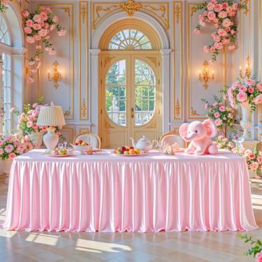 Imagem de Toalhas de mesa retangulares de cetim rosa, 1,8 m, capas de mesa elásticas com glitter, sem rugas, comprimento até o chão, saia de mesa brilhante para casamentos, festas de chá de bebê, banquetes