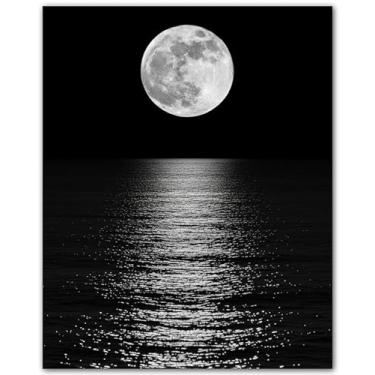 Imagem de ZUKIY Moonlight Reflection Ocean Triptych - Arte de parede da lua - Imagens em preto e branco para decoração de parede - Pôsteres verticais - Arte de fases da lua do oceano para academia de escritório