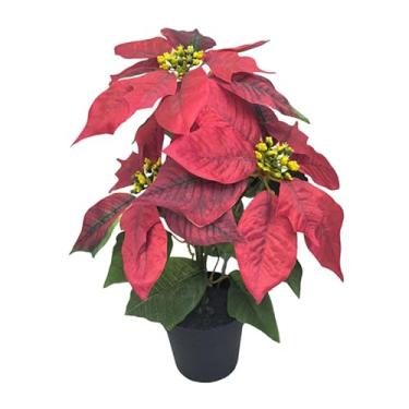 Imagem de WeiLaiKeQi Planta artificial de Natal em forma de poinsétia, decoração natalina, centro de mesa, flores artificiais em vaso para peitoris de janelas, uso interno, 3 Cabeças
