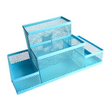 Imagem de Organizador de Mesa Aramado Yin's Paper 4 Compartimentos Azul - Porta Lápis Caneta Clips Borracha Bloco de Anotações Tesoura Grampeador... Multiuso