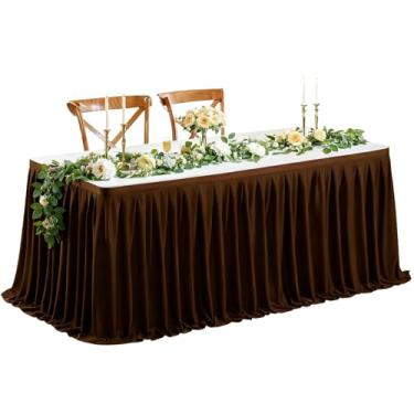 Imagem de Wish Care Saia de mesa marrom longa de 2,7 m para mesas retangulares – Saia de mesa plissada de poliéster resistente a vincos para festas, casamentos, escritório