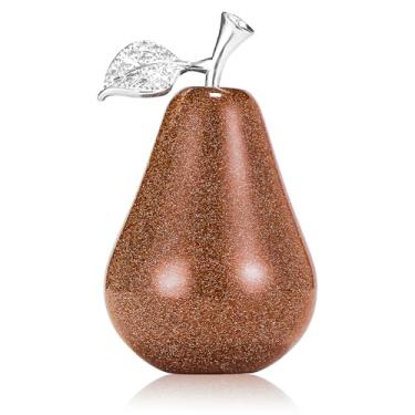 Imagem de LEADGEM Estátua de pêra de cristal decoração de casa areia dourada quartzo frutas peras escultura estatuetas colecionáveis peso de papel para casa cozinha mesa centro de mesa