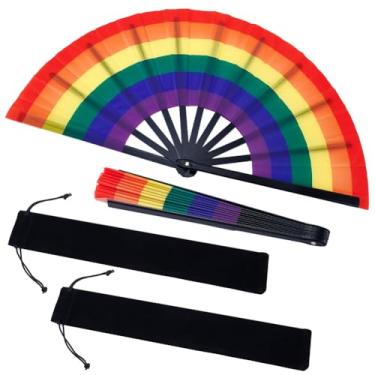 Imagem de NBEADS 2 conjuntos de leques de mão dobrável de 64 cm, ventilador de dança vibrante com design de arco-íris com bolsas de armazenamento, ventiladores decorativos dobráveis portáteis para raves