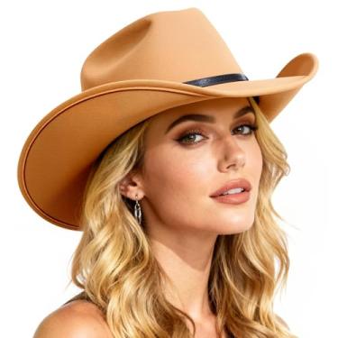 Imagem de WAYCOM Chapéu de cowboy para homens: aba extra larga para vaqueira - 2 faixas decorativas para homens e mulheres - chapéus de feltro para festa/festival (camelo, médio)