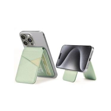 Imagem de Carteira magnética para celular, compatível com iPhone 16/15/14/13/12 série Pro Plus Pro Max para carteira MagSafe, suporte ajustável com 4 porta-cartões, bloqueio RFID, couro PU, verde