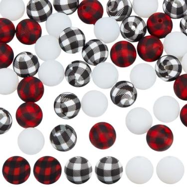 Imagem de SUNNYCLUE 45 peças, 3 cores, contas de silicone xadrez, 15 mm, contas redondas impressas com xadrez de búfalo, espaçadores focais soltos para pulseiras, colares, canetas, chaveiro, joias, guirlandas