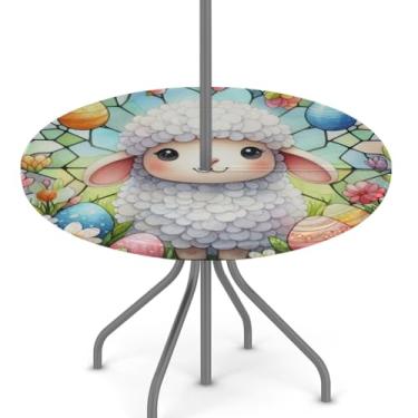 Imagem de hongjinglin Toalha de mesa de Páscoa para uso ao ar livre com orifício para guarda-chuva, toalha de mesa redonda elástica com zíper, impermeável, limpável, para piquenique, festa, pátio, serve para