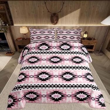 Imagem de Feelyou Conjunto de cama ocidental macio para meninos e meninas, asteca do sudoeste, Queen, geométrico, vintage, edredom boho tribal rústico, decoração de quarto rosa e preto, 3 peças com 2 fronhas