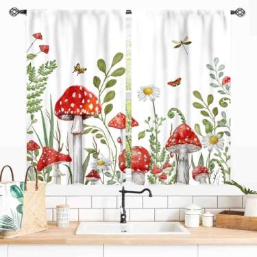 Imagem de Cortinas de cogumelo, rústico verde sálvia botânico vintage cogumelo flores silvestres plantas florestais ervas casa de campo casa de campo cortina de janela para sala de estar, quarto, café, banheiro