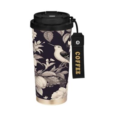 Imagem de SEHANY Caneca de café de viagem Flores e pássaros de 482 g com tampa revestida de cerâmica e à prova de vazamento, parede dupla, copo de aço inoxidável isolado a vácuo para bebidas quentes e frias