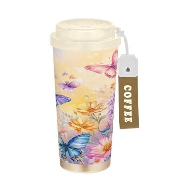 Imagem de SEHANY Caneca de viagem borboleta e flores de 482 ml Copos de café reutilizáveis revestidos de cerâmica com tampa à prova de vazamento, parede dupla, isolamento a vácuo, copo de café de aço inoxidável