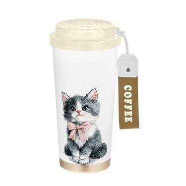 Imagem de SEHANY Caneca de viagem de gato gatinho fofo de 482 g xícaras de café reutilizáveis revestidas de cerâmica com tampa à prova de vazamento, parede dupla, isolamento a vácuo, copo de café de aço