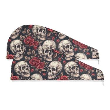 Imagem de SEHANY Toalha de cabelo de microfibra rosa e caveira para mulheres, 2 peças, turbantes de cabelo de secagem rápida com botão, touca de cabelo seco absorvente toalha de secagem de cabelo para cabelos