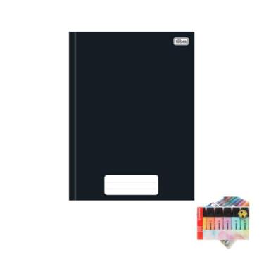 Imagem de Kit Caderno Brochura Tilibra Preto 80 Folhas + Caneta Trigel Metálica Estojo 10 Cores + Marca Texto Boss 6 Cores Pastel
