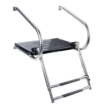 Imagem de UGPLM Escada de barco de 2 degraus, escadas de natação de aço inoxidável, substitui diretamente a escada dobrável antiderrapante com plataforma, Preto